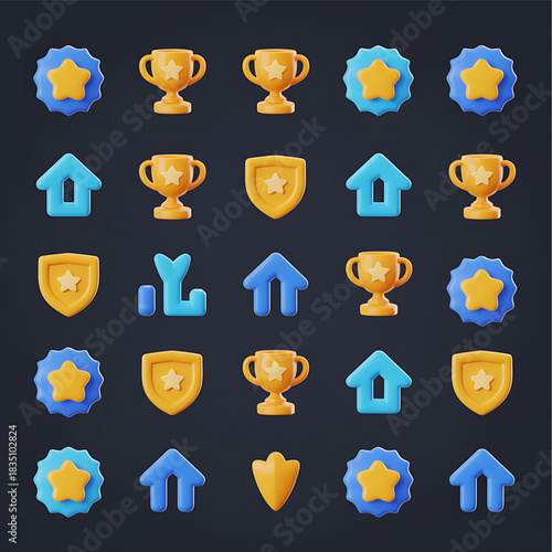 Collection of colorful game icons for rewards achievements and progress on dark background