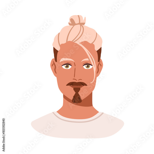 Man avatar, head portrait. Stylish young male character with colored hair, goatee beard, mustache, top knot hairdo, hairstyle in modern style. Flat vector illustration isolated on white background