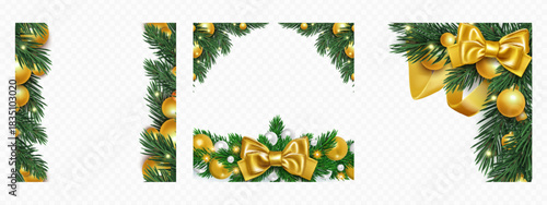 Christmas corner wreath frames with pine branches, golden ornaments and festive ribbon. Decorative evergreen borders with baubles, bow and spruce twigs - xmas holiday corner design elements.