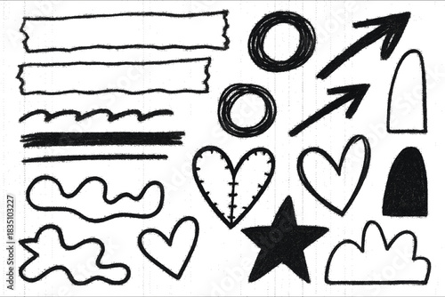 Colorful doodle elements and shapes arranged on a white background