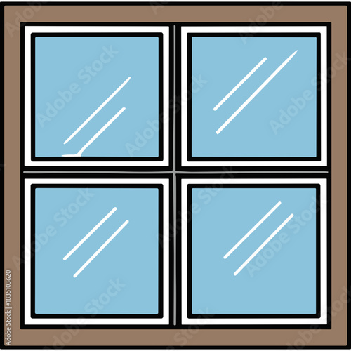 Simple brown window frame with four light blue glass panes reflecting light in a minimalist illustration style representing a view or an opening to the outside