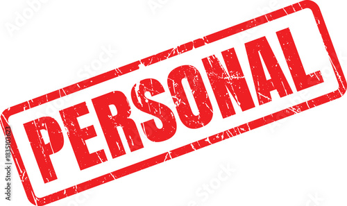 Red grunge rubber stamp shows the word personal diagonally on a white backdrop