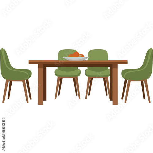 Simple Brown Wooden Dining Table With Four Olive Green Upholstered Chairs And A White Bowl Of Fruit On A Transparent Background