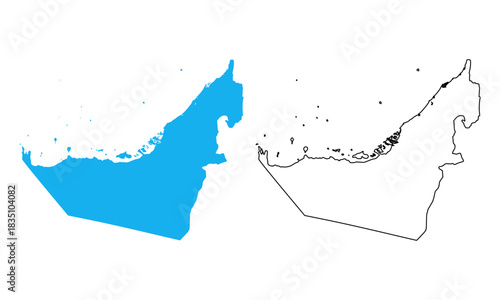 UAE country map. Map in various outline and blue silhouette styles
