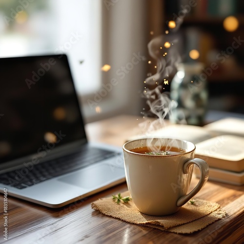 A steaming cup of tea next to a laptop on a wooden desk with a book in the background indoors