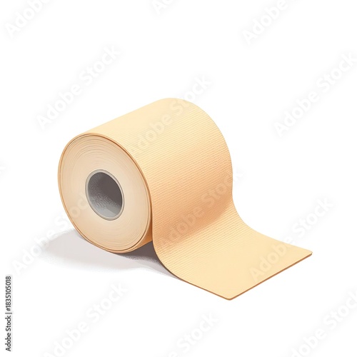 A roll of tan kinesiology tape with a cardboard core on a white surface casting a shadow