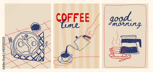 Hand drawn crayon breakfast posters set. Vector illustration of doodle hand pouring coffee from kettle into cup, fried eggs served on plate, espresso cafe retro sketch, restaurant lunch menu design