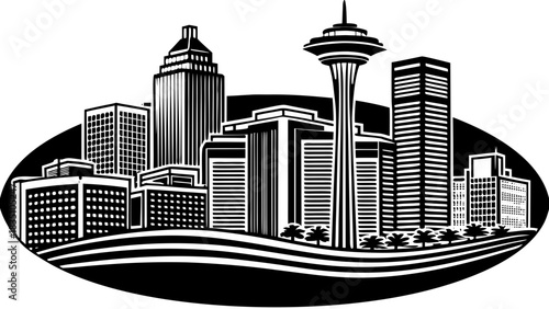 Very beautiful minimalist silhouette of San Antonio rises against a soft gradient sky, featuring iconic towers and historic shapes that highlight the city’s cultural charm and architectural character.