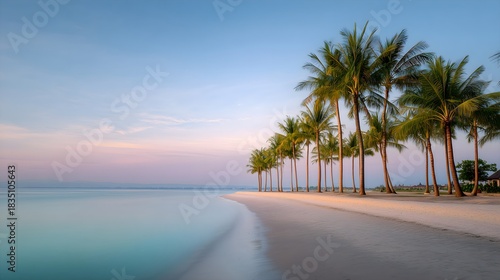 Fototapeta Naklejka Na Ścianę i Meble -  Tropical palms line serene beach landsca