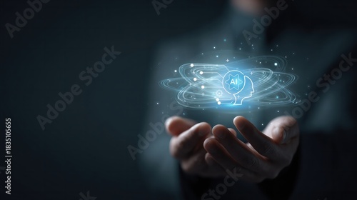 Businessman hands holding virtual AI brain icon, artificial intelligence and machine learning solution concept