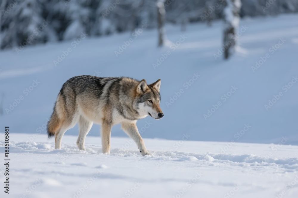Naklejka premium Wolf walking across a snowy landscape in winter