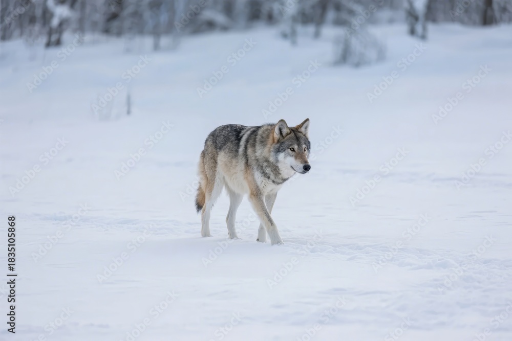 Naklejka premium A gray wolf walking across a snowy landscape in a winter forest