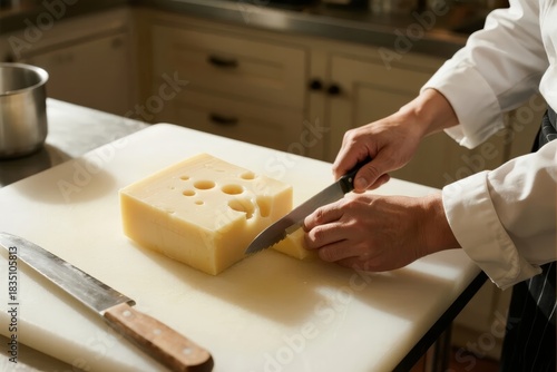 Person slicing a block of Swiss cheese on a cutting board in a kitchen