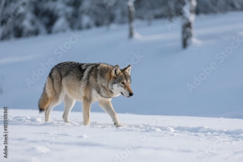 Wolf walking across a snowy landscape in winter