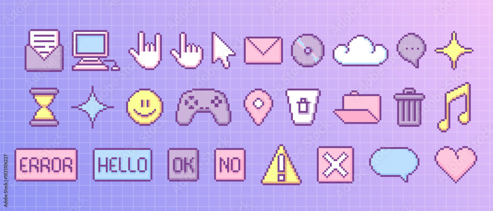 Obraz premium Y2k retro pixel game icons in cute style - computer and hand cursors, mail envelope and CD, cloud and smile, gamepad and music note stickers. Vector art set with 90s interface or nostalgic designs.