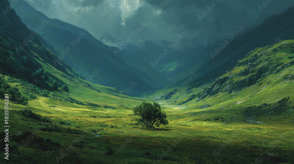 Obraz premium Serene Valley Landscape Under Dramatic Skies