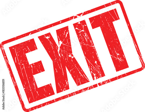 Red textured exit word in rectangle indicates emergency evacuation, visible over a transparent background
