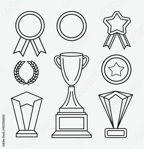 Line art collection of awards trophies and medals for competition winners
