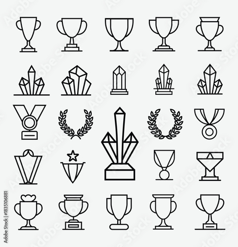 Vector line art illustration of trophy awards and crystal icons set