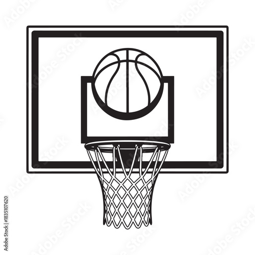 Outline basketball backboard and hoop with ball