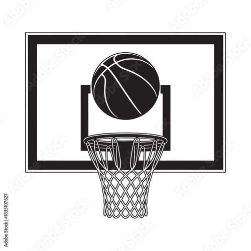 Basketball backboard and hoop with ball