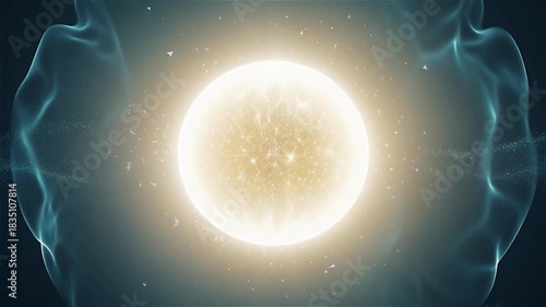 Futuristic energy system. Visualization of quantum entanglement or plasma reactor ignition. Bright glow, expanding light waves and streams of particles enclosed in a mystical energy bubble.