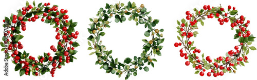 3 sets of mistletoe wreaths with berries in different patterns and colors isolated on a white background. Clip art style decorations