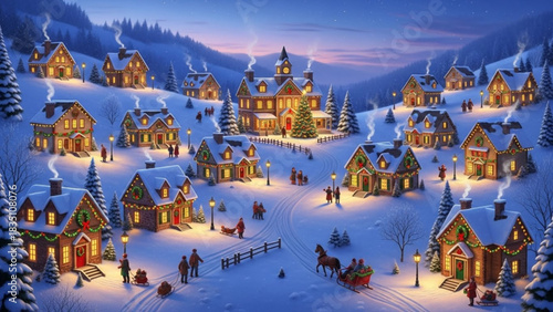 Enchanting winter village scene with snow covered houses and Christmas lights, evoking holiday cheer and festive family moments in a serene winter wonderland