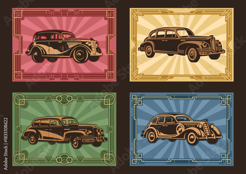 1930s - 1940s Cars, Retro Cars Poster Set, Art Deco Frames, Classic Automobiles, Old Color Palette