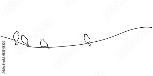 Abstract birds on branches continuous one line drawing. Bird silhouettes of birds one line art. Vector illustration for minimal poster, Bird Perched on Branch Minimalist Line Art, Birds on branch back