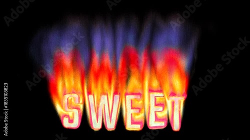 Animated heat map Sweet text title burning in pixelated retro-styled fire flames on a transparent alpha channel in a seamless loop.