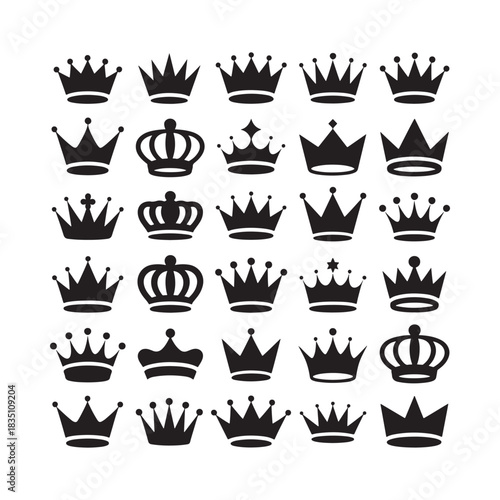 Set of different crown silhouettes in black color
