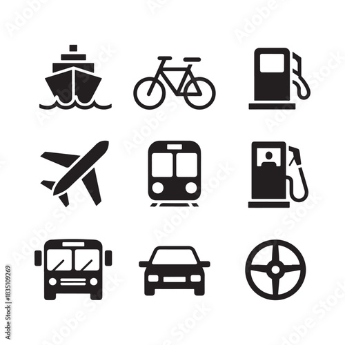 Collection of solid transportation icons for travel and logistics