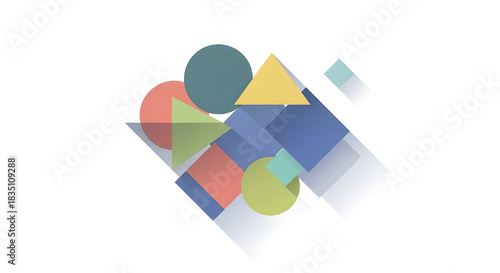 A composition of geometric shapes such as circles, squares, and triangles in pastel colors that overlap each other. Gives a modern, minimalist, and artistic impression. 
