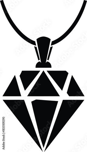 Black silhouette of a diamond pendant on a necklace chain against a white background jewelry