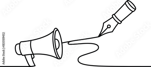 Megaphone and fountain pen outline connected, creative communication Vector