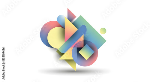 An abstract illustration with pastel-colored 3D geometric shapes, arranged dynamically and artistically. Featuring soft shadows and a depth effect. 
