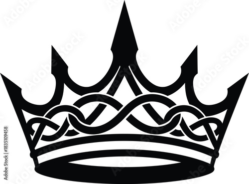 Black silhouette of a royal crown with intricate knotwork on a white background king queen