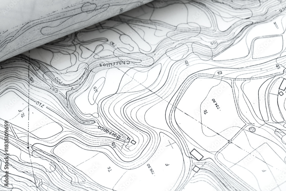 Obraz premium Very detailed Topographic maps on tracing paper rolled up into a tube 