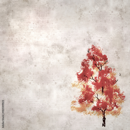 textured stylish old paper background, square,  with autumnal tree illustration