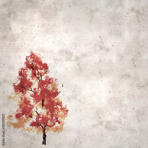 textured stylish old paper background, square,  with autumnal tree illustration