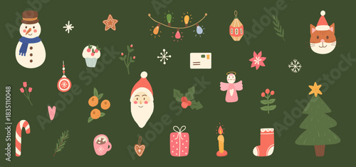 Merry Christmas hand drawn illustration. Holiday set green bg. Happy New Year cartoon sticker. Santa Claus, gingerbread, snowman, xmas tree, gifts. Retro celebration. Festive winter. Vector