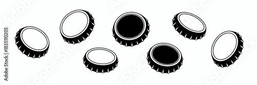 Dynamic monochrome vector illustration of scattered black and white crown cork bottle caps, essential graphic packaging element for the beverage industry, brewery, pub, or bar marketing, ideal for sty