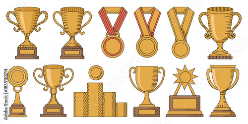 Gold winner award trophy icon collection, doodle line art illustration set featuring champion cups, victory medals, and ranking podium, perfect for business success, sports competition, prize presenta