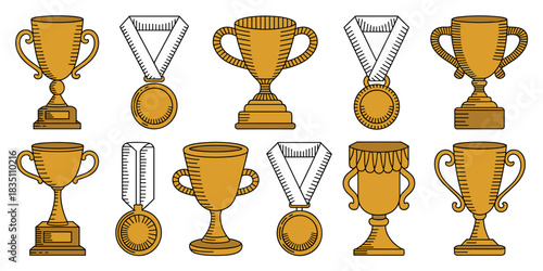Diverse set of gold trophy cups and competition medals in an engraved outline vector illustration, representing symbols of success, high achievement, victory, winning rewards, and business recognition
