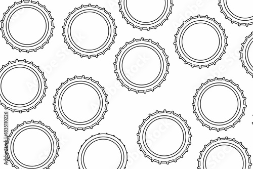 A seamless repeating pattern of detailed black and white line art vector illustrations showing classic serrated beer bottle caps or metallic crown corks, creating a clean abstract background texture i