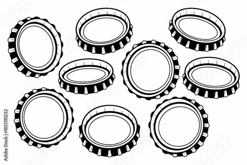 Scattered black and white vector illustration of multiple metal bottle caps or crown corks, featuring detailed outline drawings suitable for beer, soda, or carbonated drink branding, beverage industry
