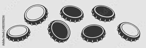 A collection of seven scattered bottle caps, or crown corks, presented in a modern, high-contrast, black and white vector illustration, providing a versatile, minimalist graphic resource template suit