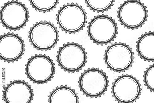 Repeating seamless pattern background featuring stylized metallic crown bottle caps scattered randomly on white; a minimalist vector illustration for brewery marketing, soda drink advertising, industr