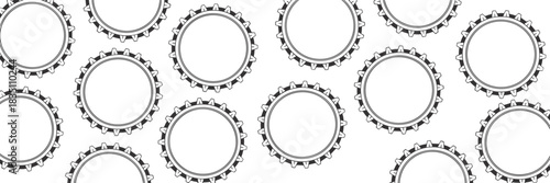 Seamless repeating monochrome vector line art background pattern of detailed industrial crown bottle caps and soda beverage packaging elements, perfect for design, web graphics, digital marketing, foo
